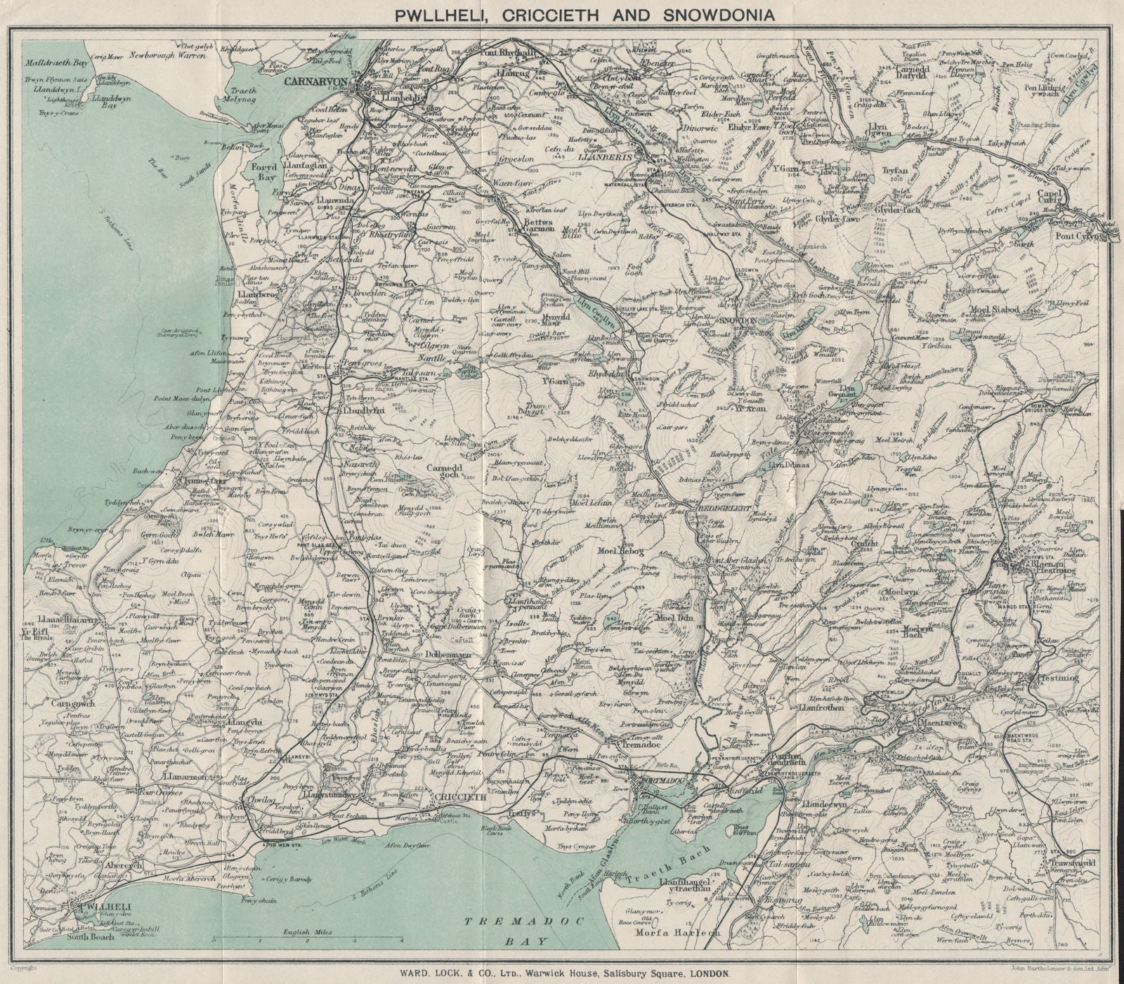 SNOWDONIA NORTH. Pwllheli Criccieth Carnarvon Llanberis. WARD LOCK 1923 map